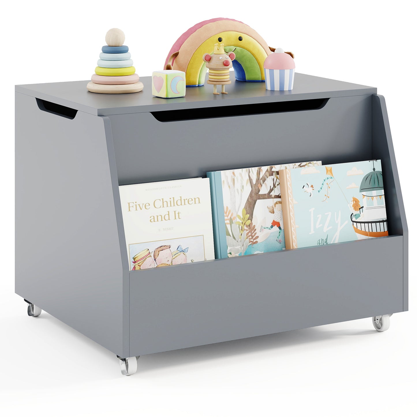 Wooden Mobile Toy Storage Organizer with Bookshelf and Lockable Wheels-Gray