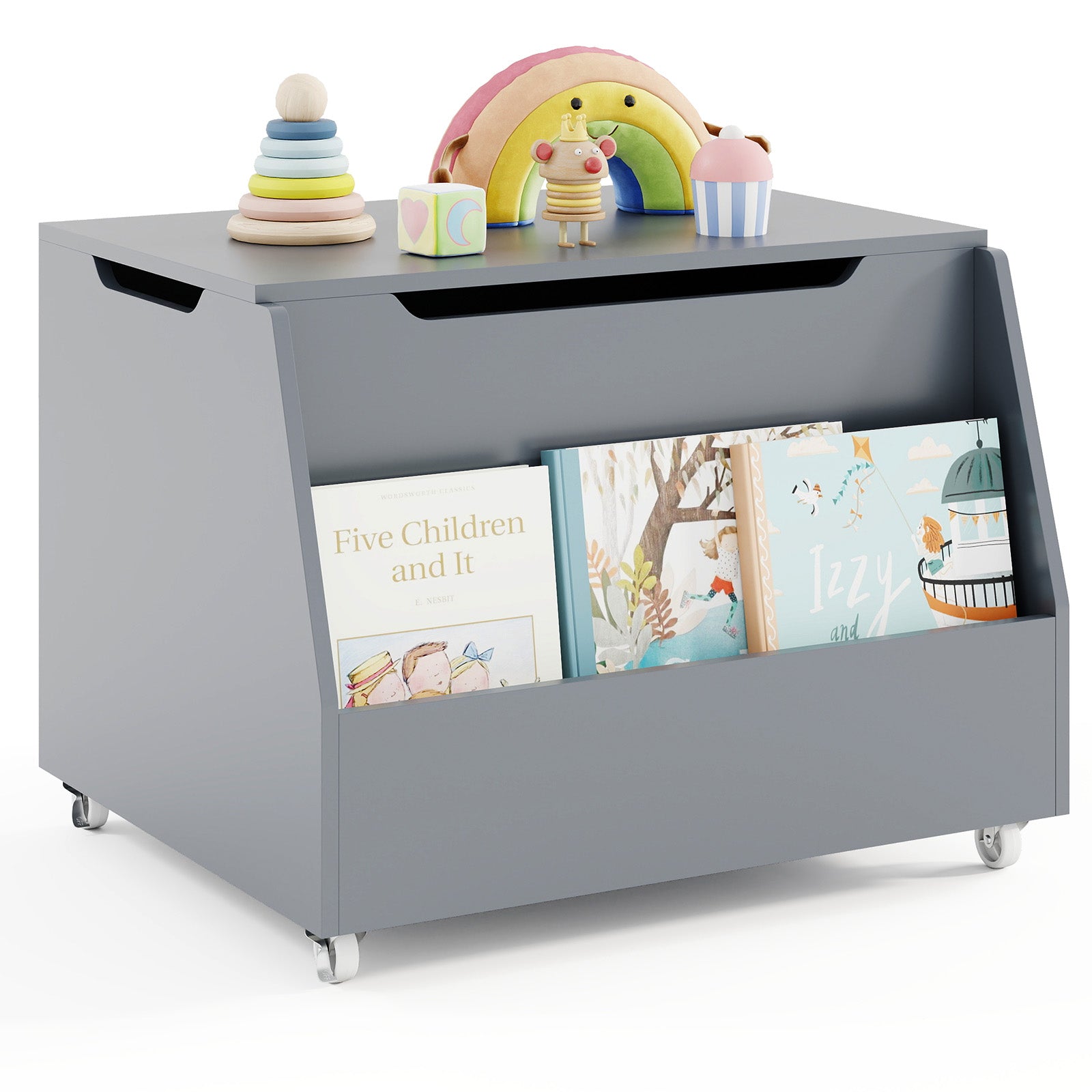Wooden Mobile Toy Storage Organizer with Bookshelf and Lockable Wheels-Gray