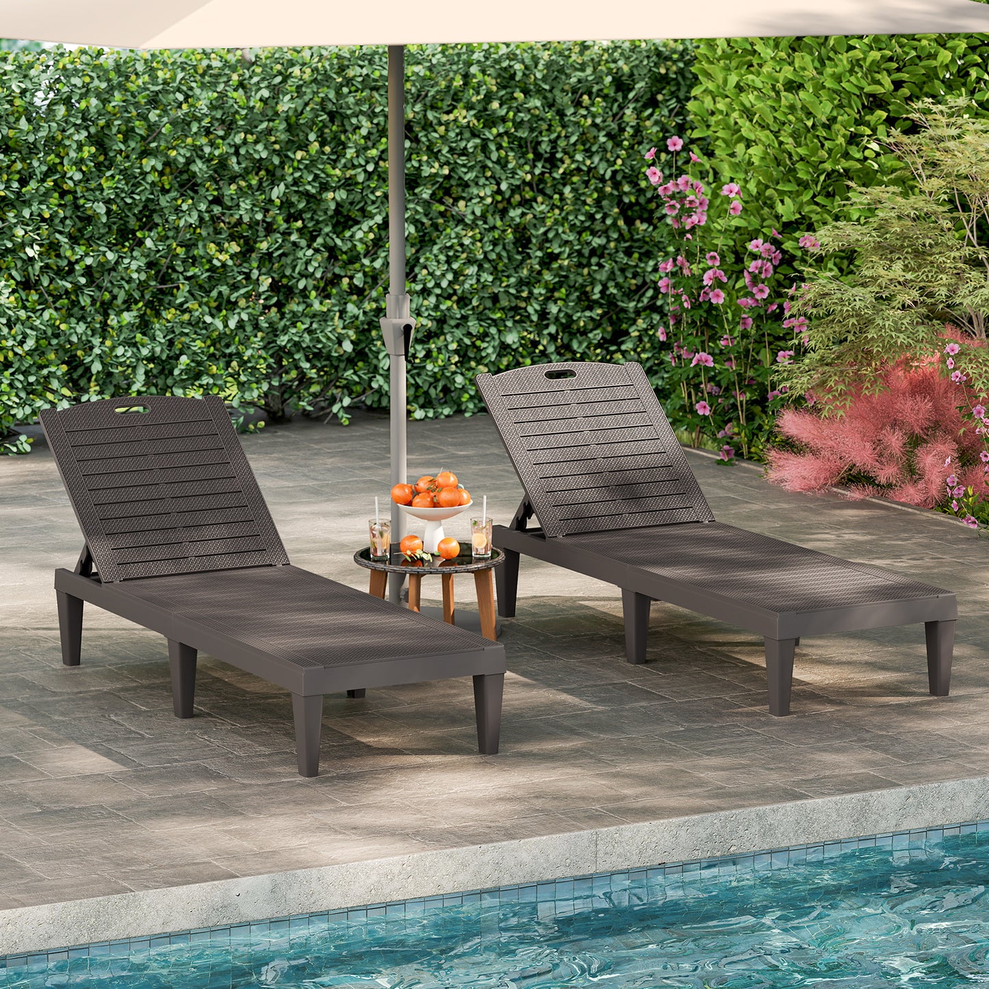 Outdoor PP Chaise Lounge Chairs Set of 2 with 4-Position Adjustable Backrests-Coffee