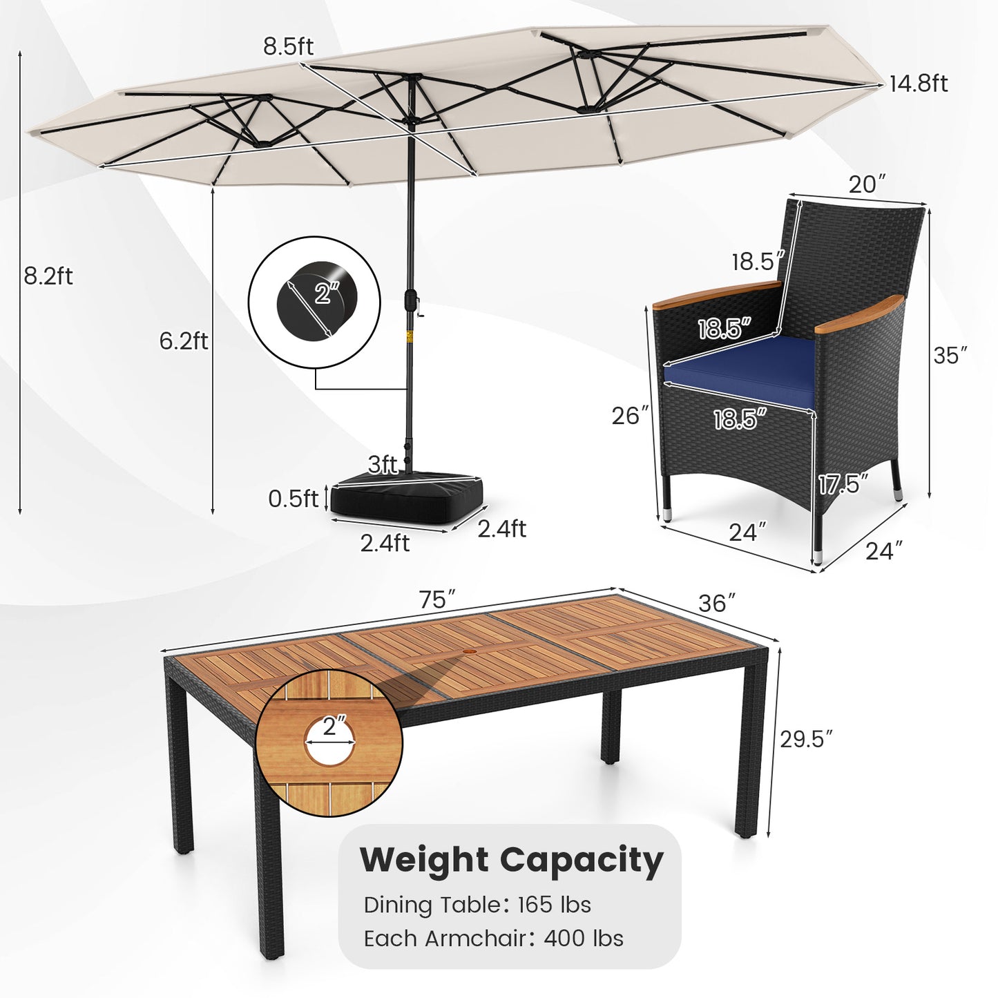 11 Pieces Patio Dining Set with LED Patio Umbrella with Base and Seat Cushions (Navy)-Beige
