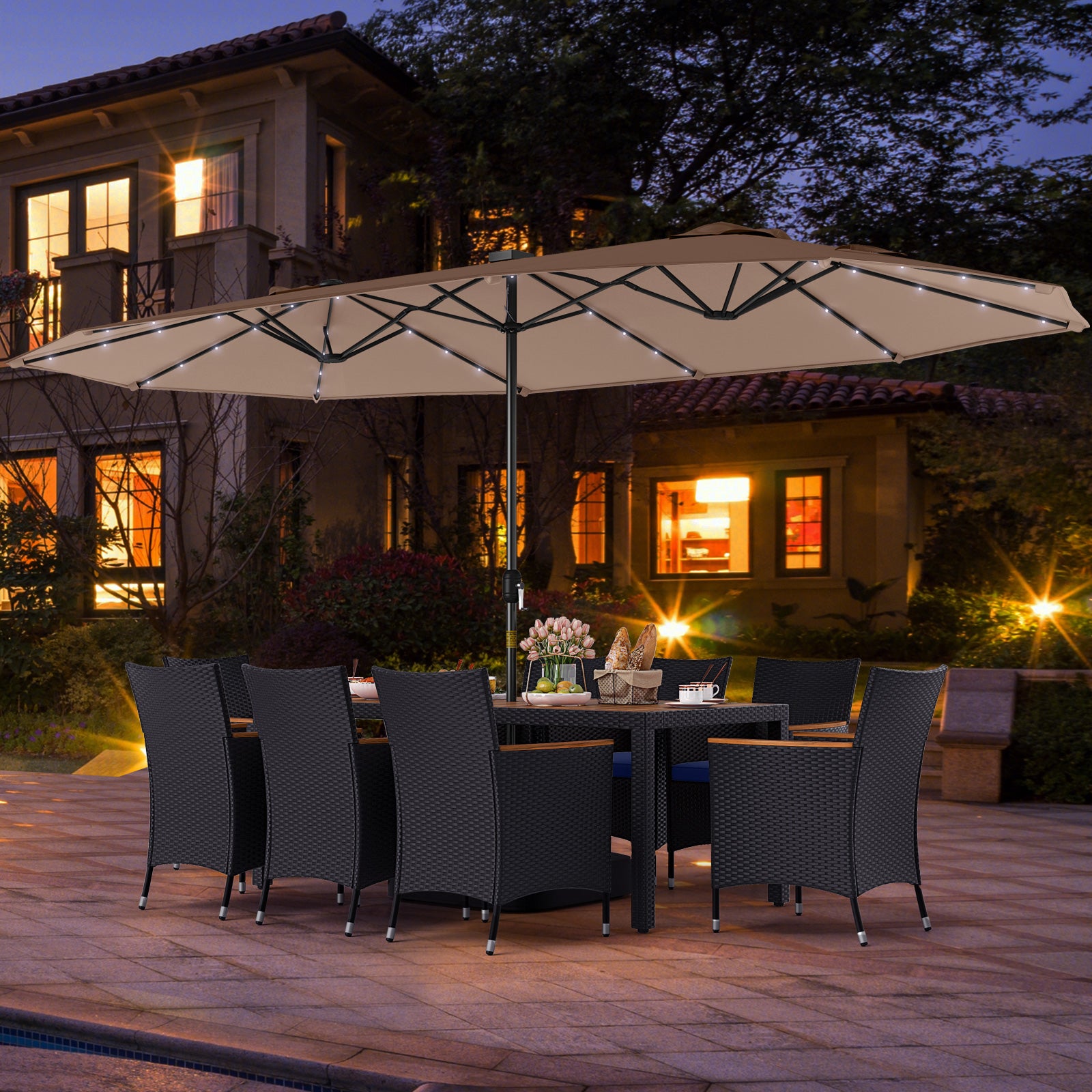 11 Pieces Patio Dining Set with LED Patio Umbrella with Base and Seat Cushions (Navy)-Coffee