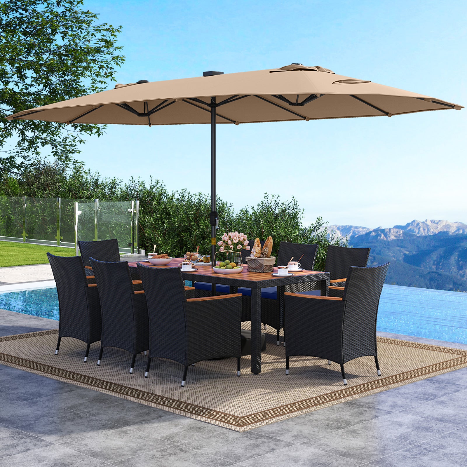 11 Pieces Patio Dining Set with LED Patio Umbrella with Base and Seat Cushions (Navy)-Coffee