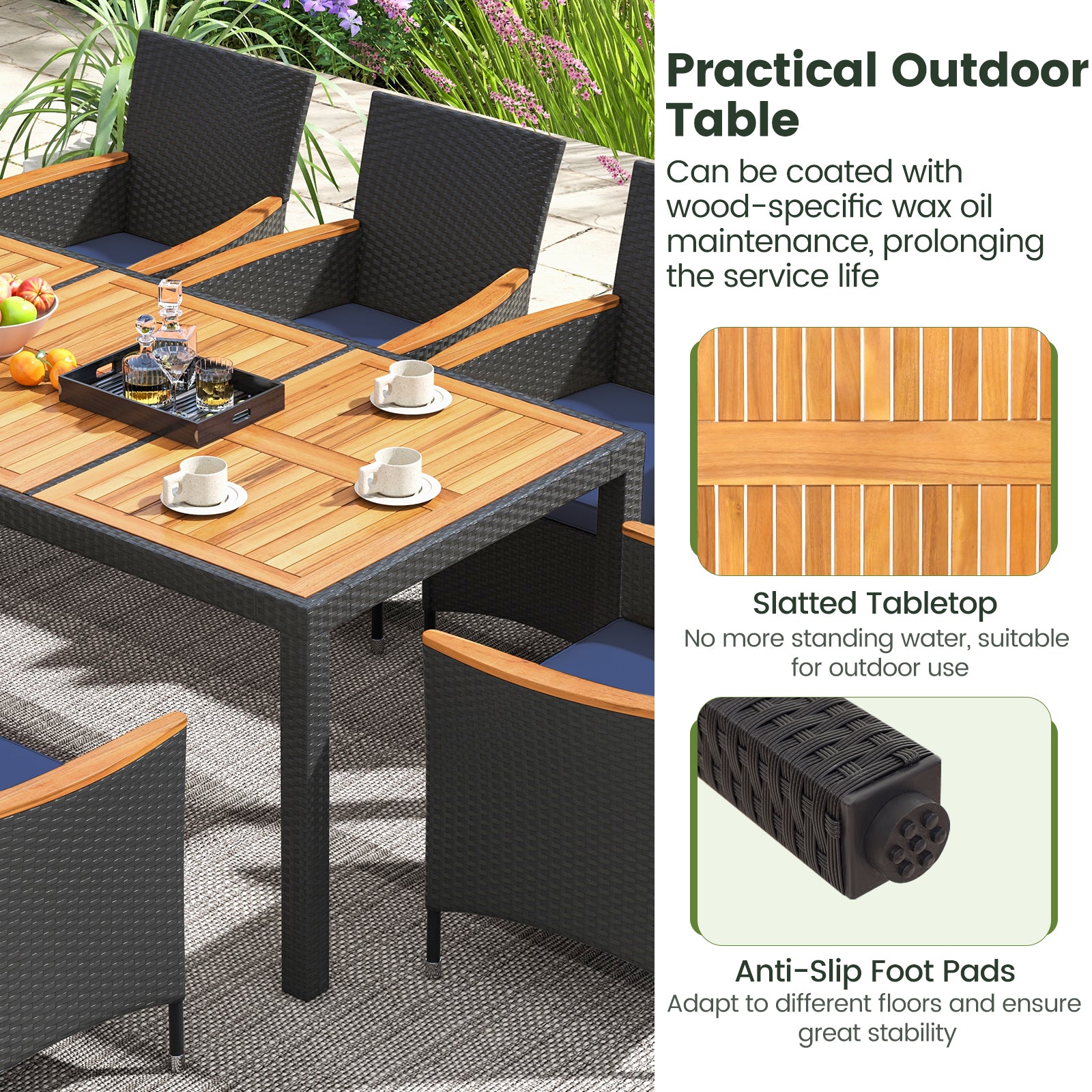 11 Pieces Patio Dining Set with LED Patio Umbrella with Base and Seat Cushions (Navy)-Coffee