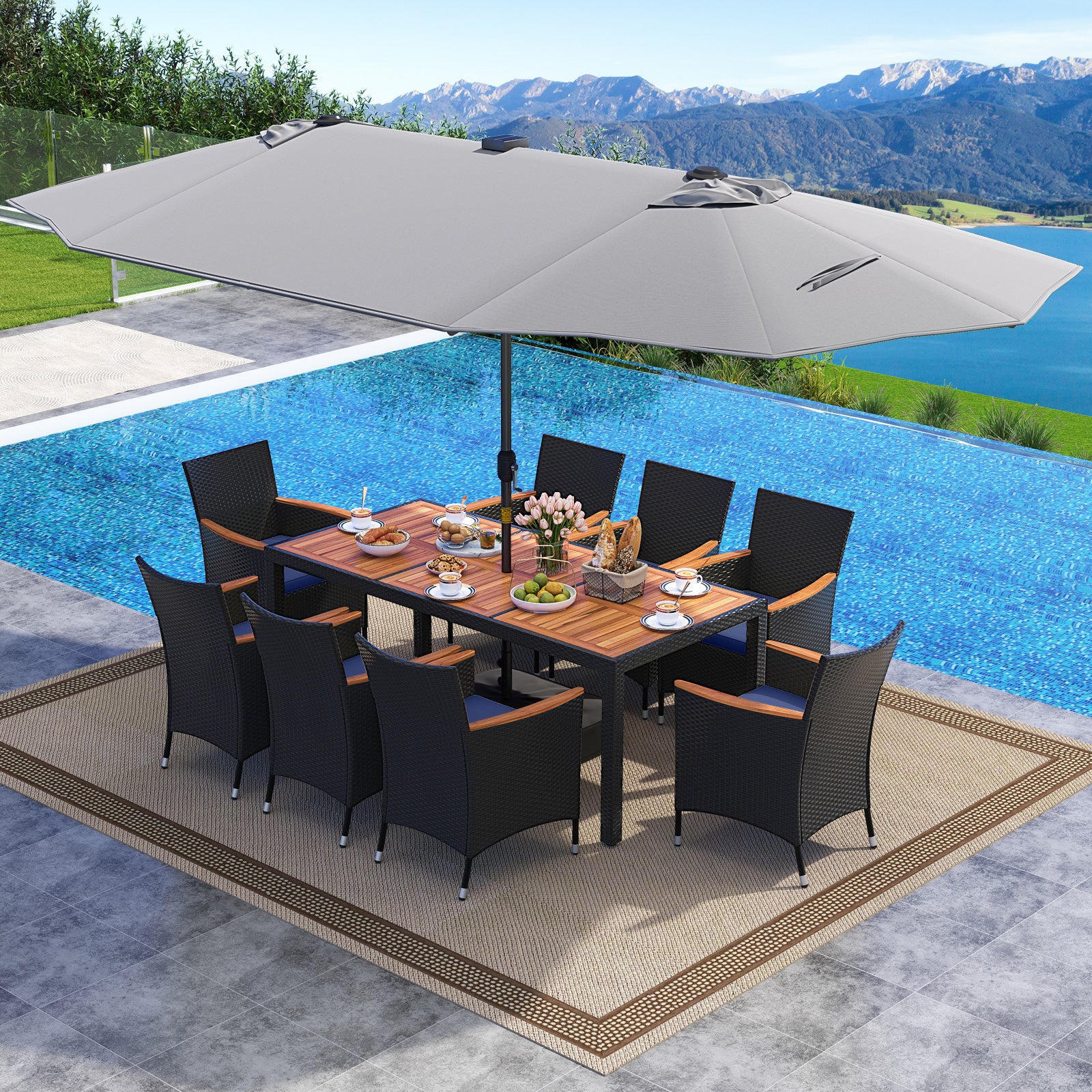 11 Pieces Patio Dining Set with LED Patio Umbrella with Base and Seat Cushions (Navy)-Gray