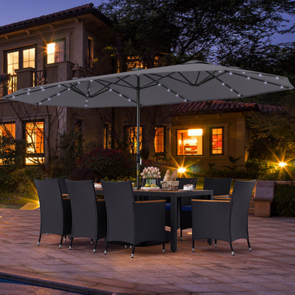 11 Pieces Patio Dining Set with LED Patio Umbrella with Base and Seat Cushions (Navy)-Gray