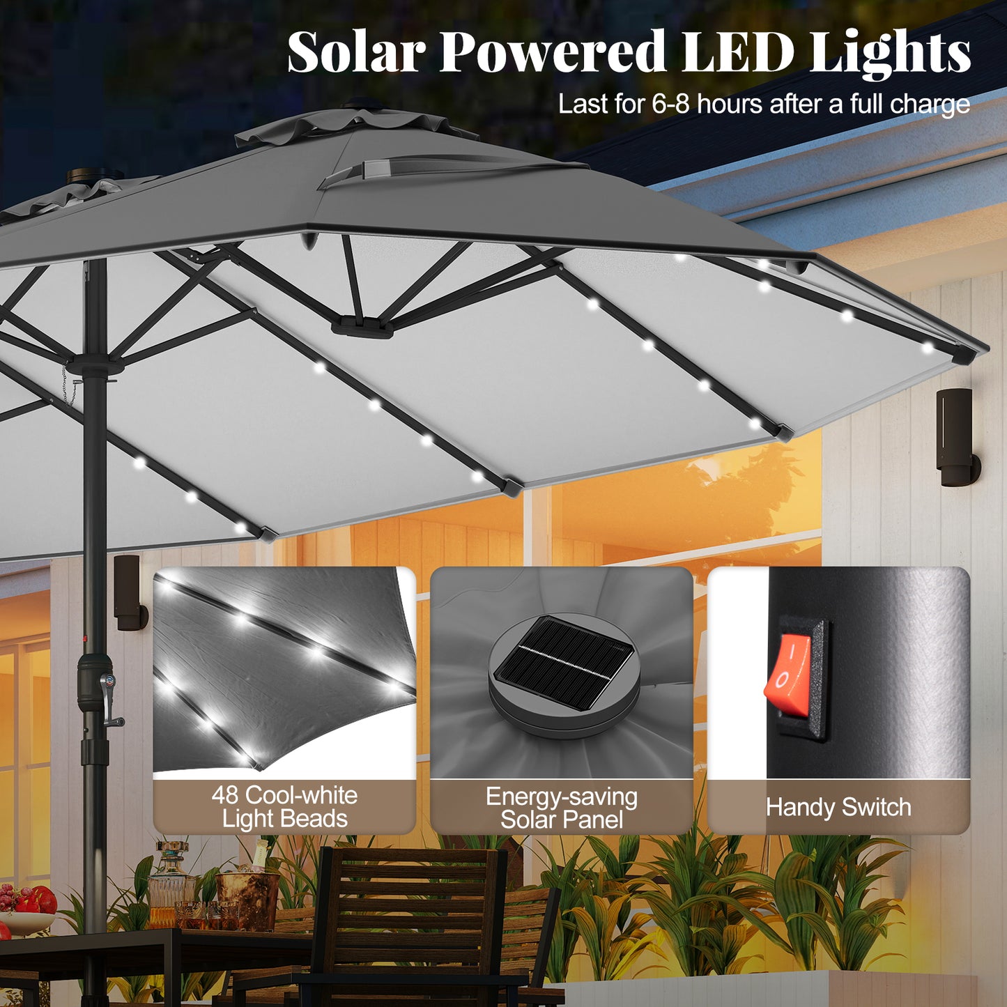 11 Pieces Patio Dining Set with LED Patio Umbrella with Base and Seat Cushions (Navy)-Gray