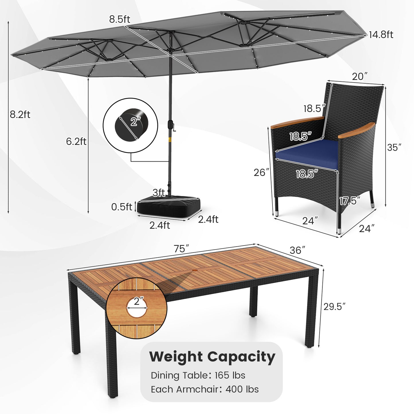 11 Pieces Patio Dining Set with LED Patio Umbrella with Base and Seat Cushions (Navy)-Gray