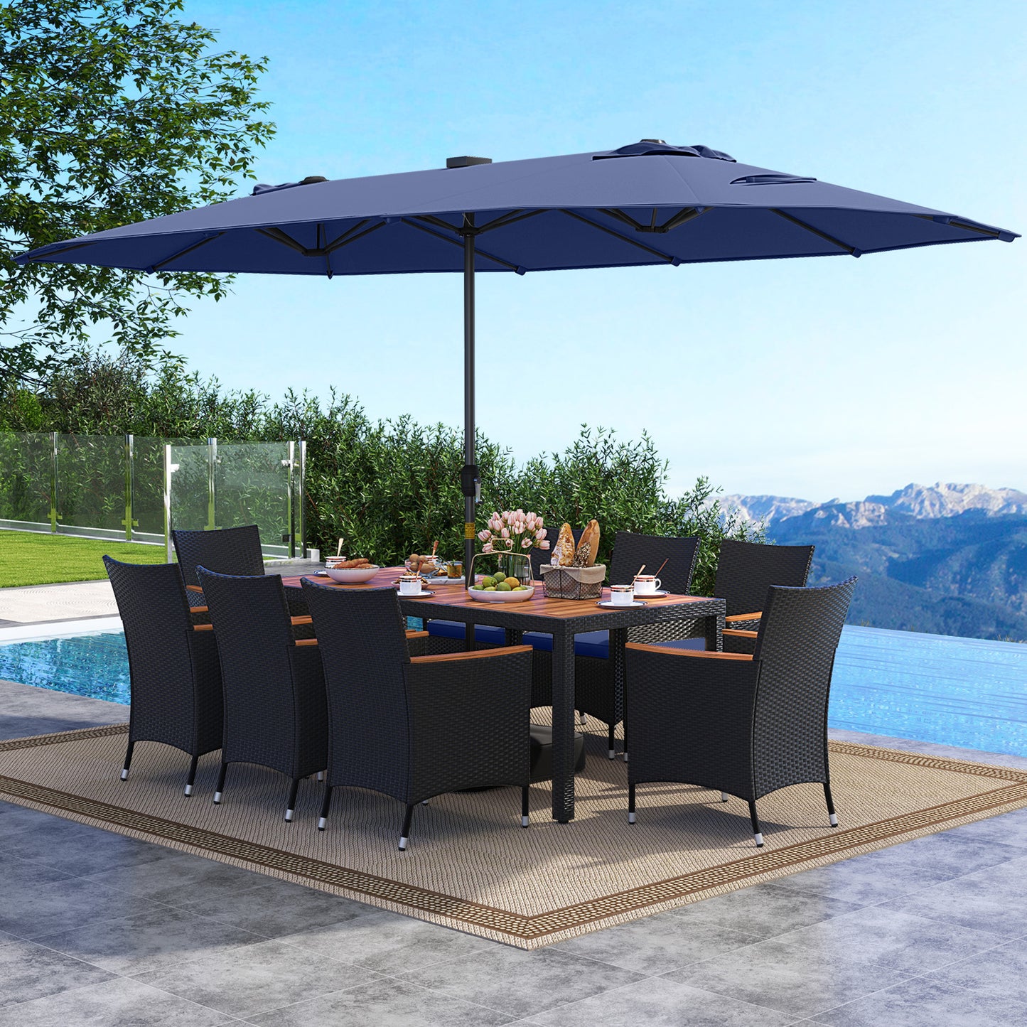 11 Pieces Patio Dining Set with LED Patio Umbrella with Base and Seat Cushions (Navy)-Navy