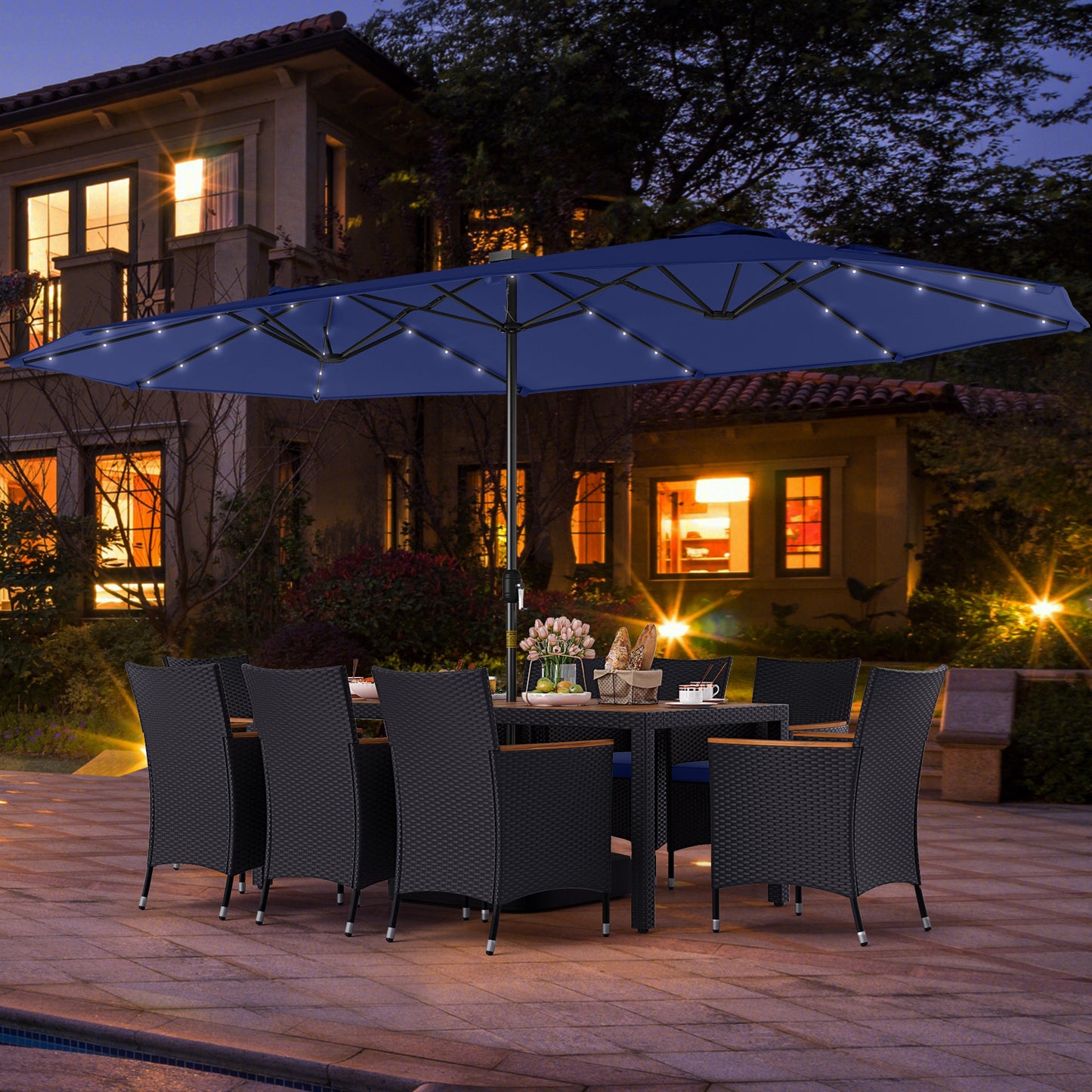 11 Pieces Patio Dining Set with LED Patio Umbrella with Base and Seat Cushions (Navy)-Navy