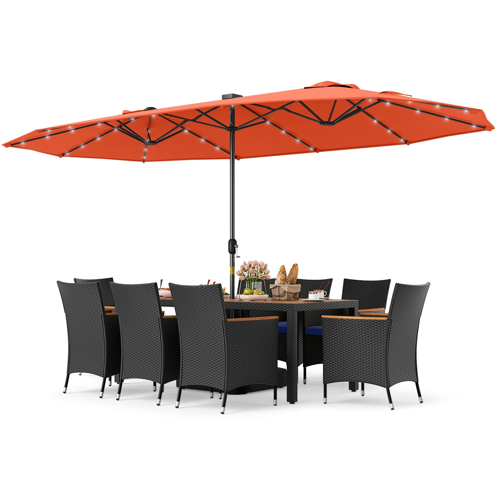 11 Pieces Patio Dining Set with LED Patio Umbrella with Base and Seat Cushions (Navy)-Orange