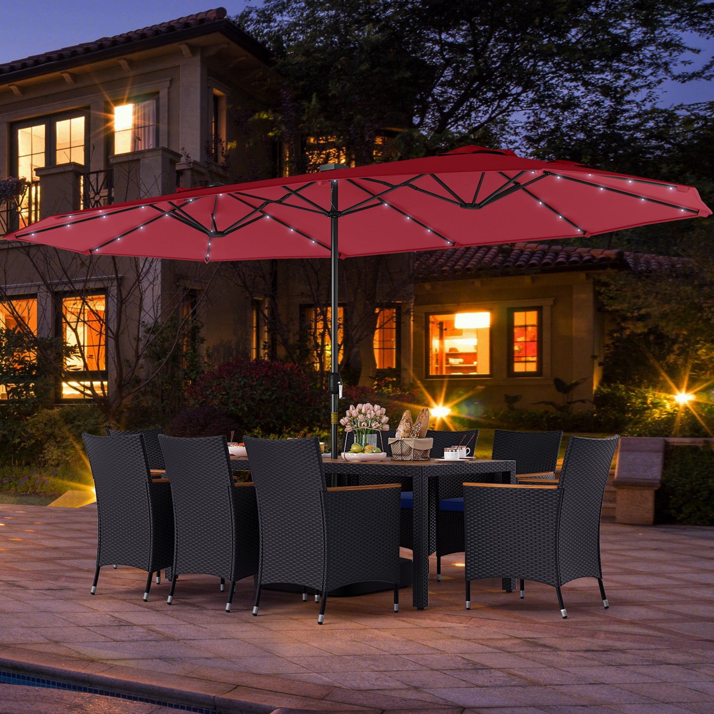 11 Pieces Patio Dining Set with LED Patio Umbrella with Base and Seat Cushions (Navy)-Wine