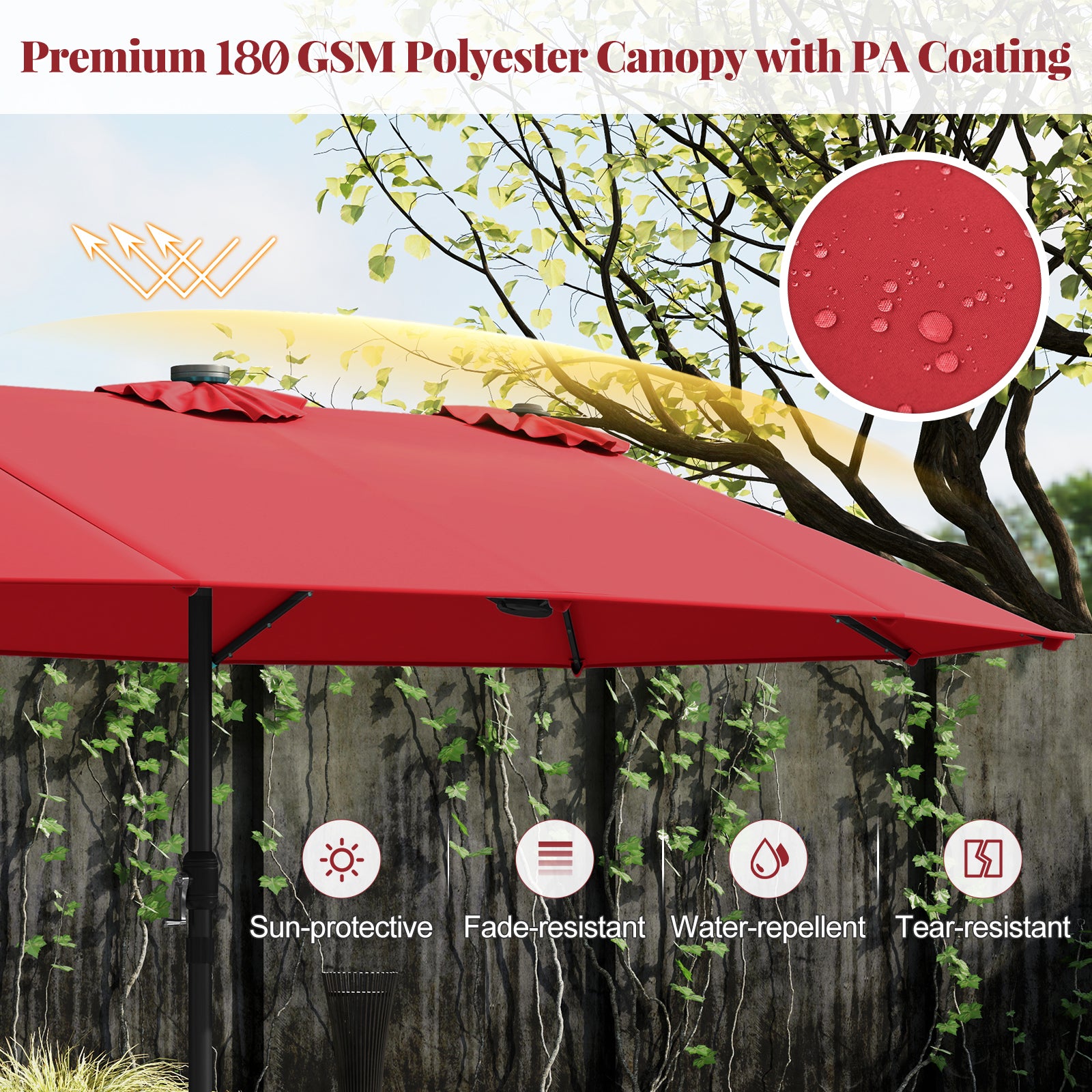 11 Pieces Patio Dining Set with LED Patio Umbrella with Base and Seat Cushions (Navy)-Wine