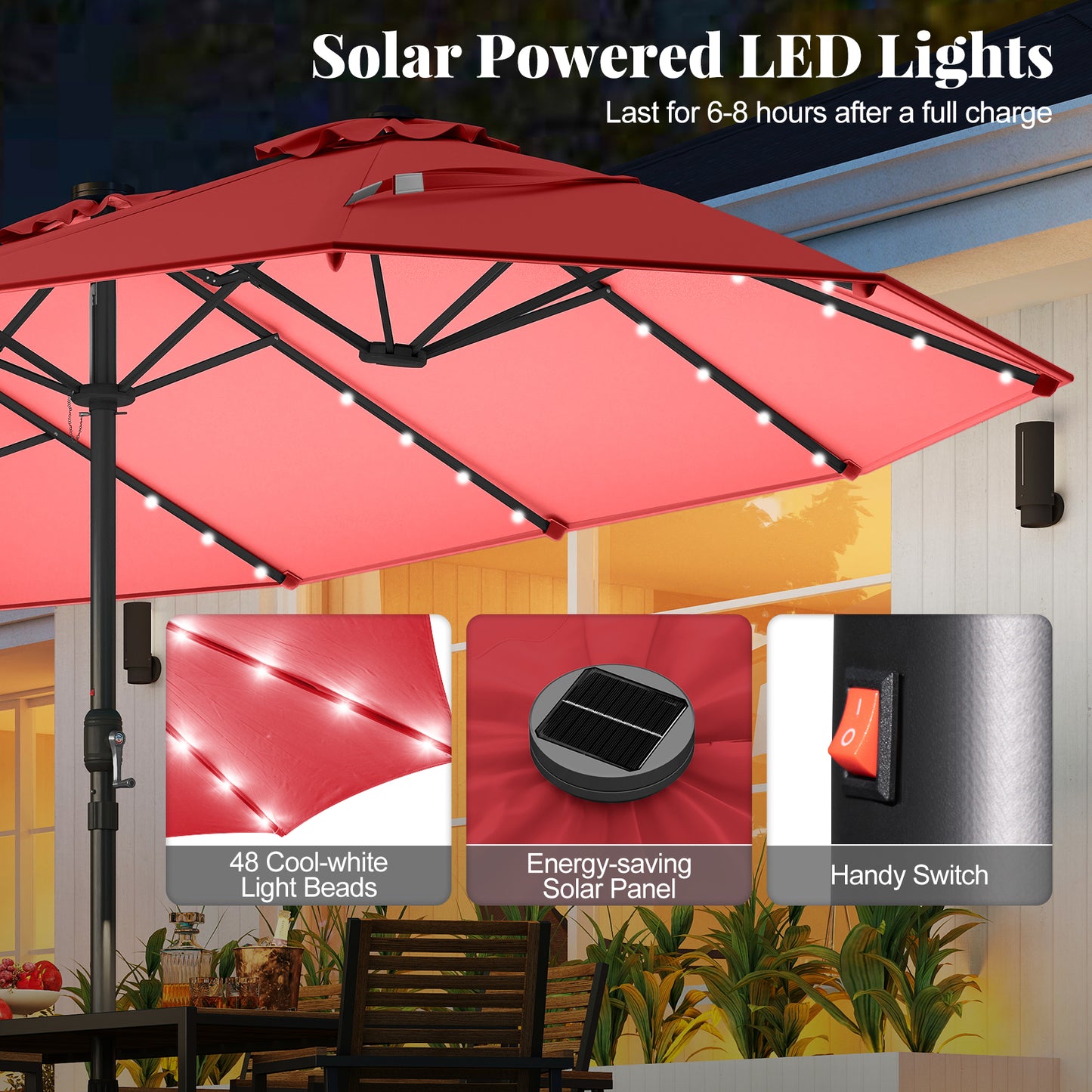 11 Pieces Patio Dining Set with LED Patio Umbrella with Base and Seat Cushions (Navy)-Wine