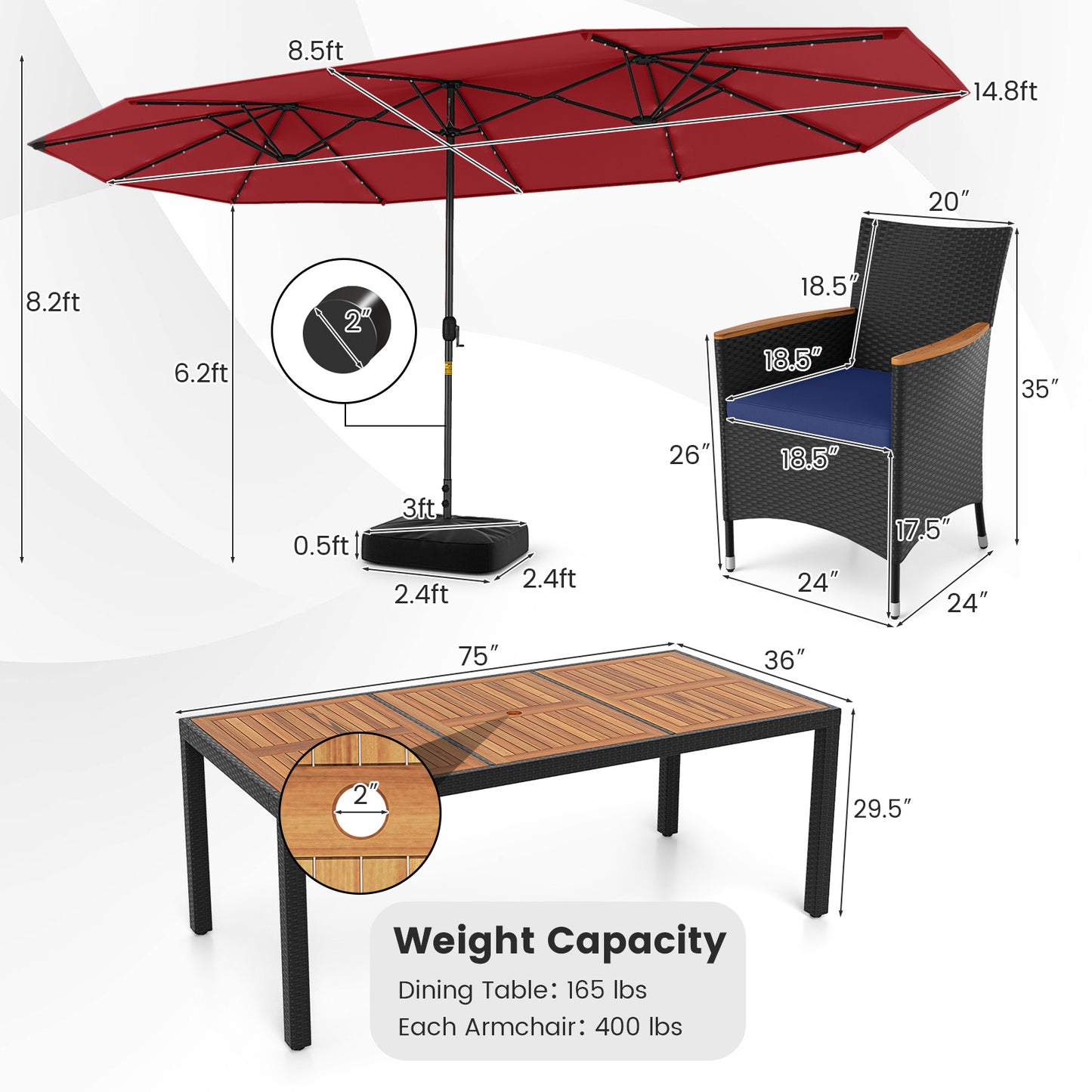 11 Pieces Patio Dining Set with LED Patio Umbrella with Base and Seat Cushions (Navy)-Wine
