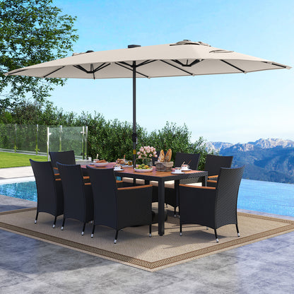 11 Pieces Patio Dining Set with LED Patio Umbrella with Base and Seat Cushions (Beige)-Beige