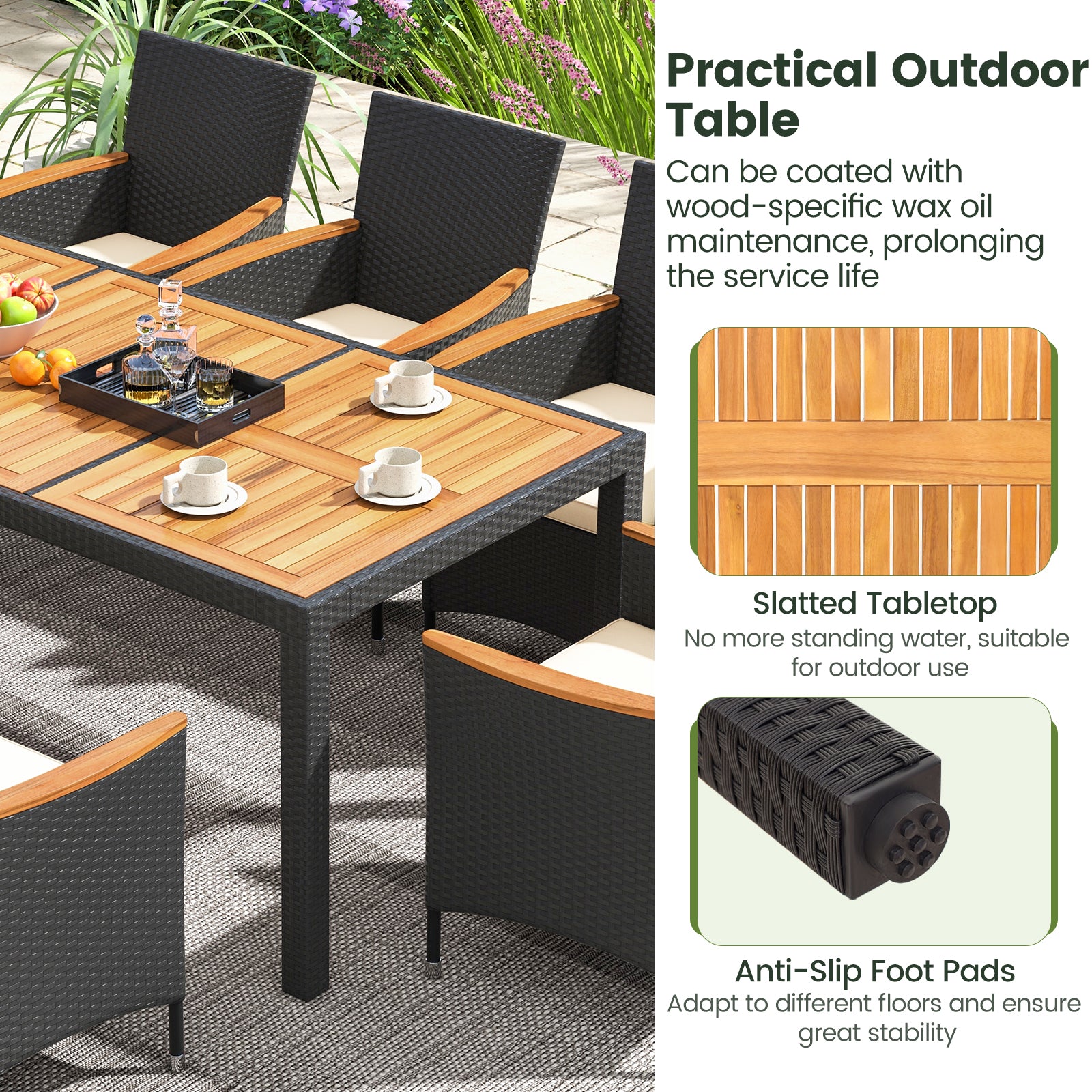 11 Pieces Patio Dining Set with LED Patio Umbrella with Base and Seat Cushions (Beige)-Beige