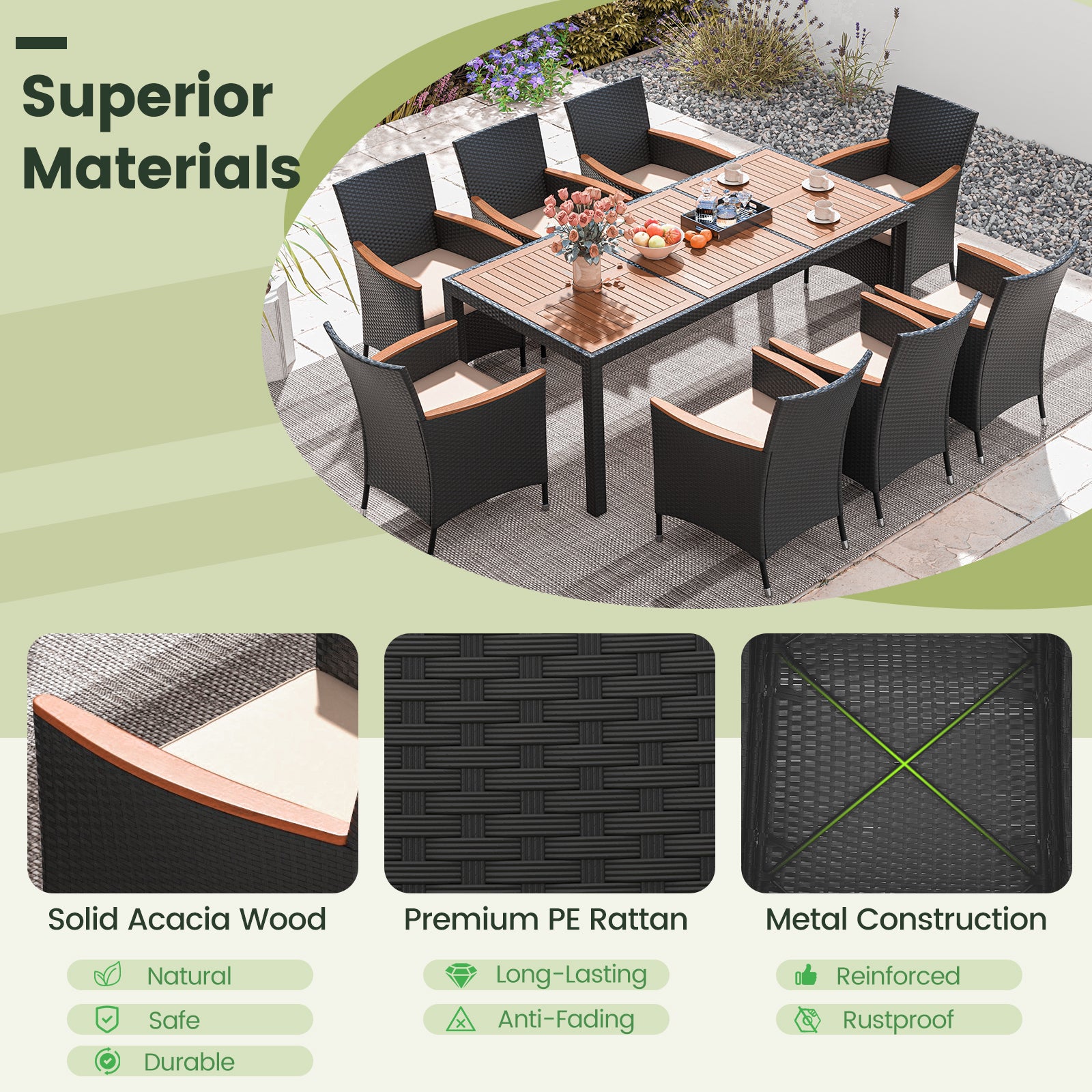 11 Pieces Patio Dining Set with LED Patio Umbrella with Base and Seat Cushions (Beige)-Beige