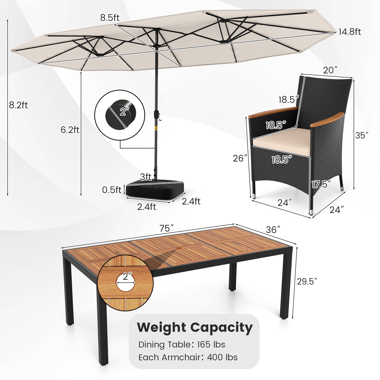 11 Pieces Patio Dining Set with LED Patio Umbrella with Base and Seat Cushions (Beige)-Beige