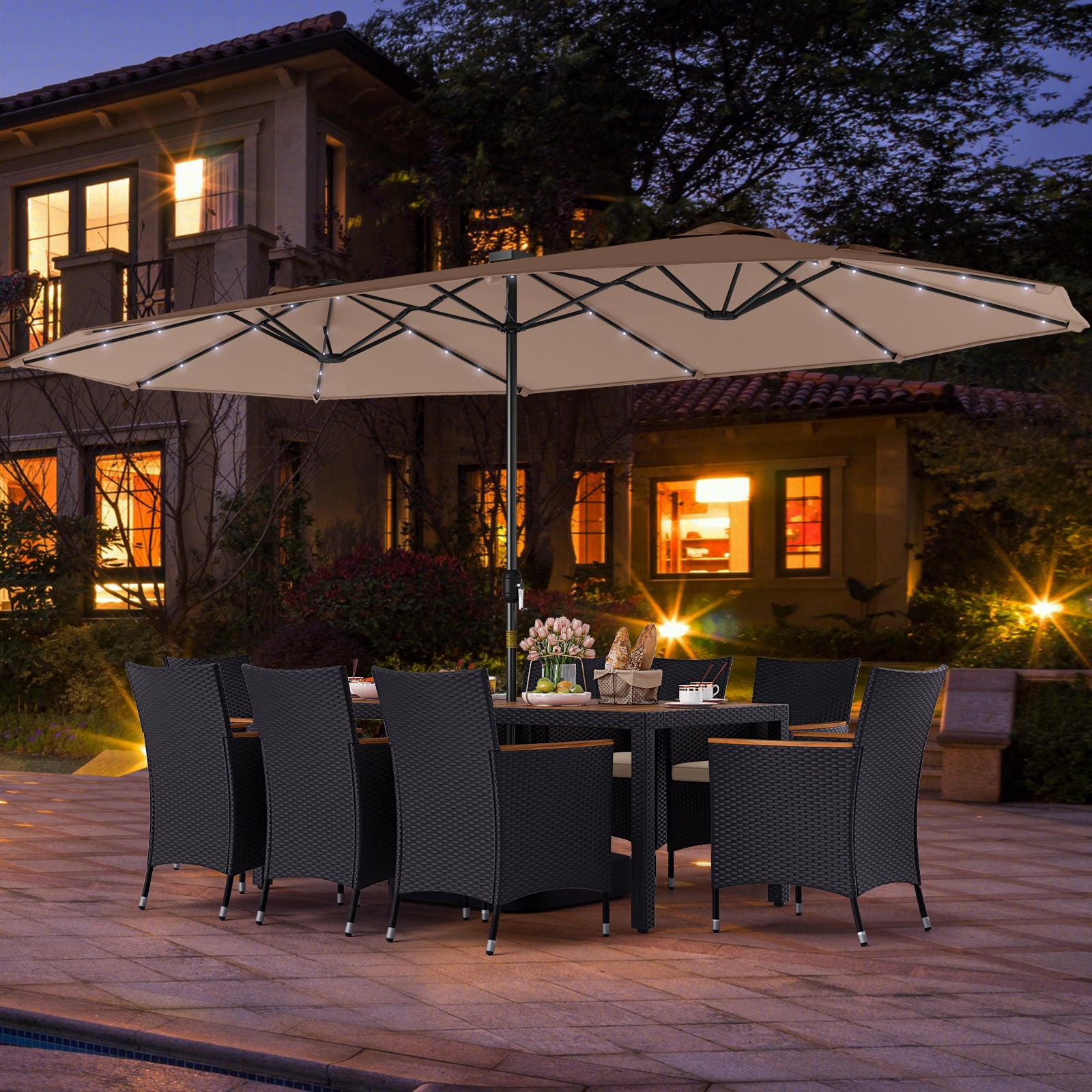 11 Pieces Patio Dining Set with LED Patio Umbrella with Base and Seat Cushions (Beige)-Coffee