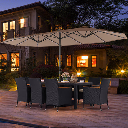 11 Pieces Patio Dining Set with LED Patio Umbrella with Base and Seat Cushions (Beige)-Coffee