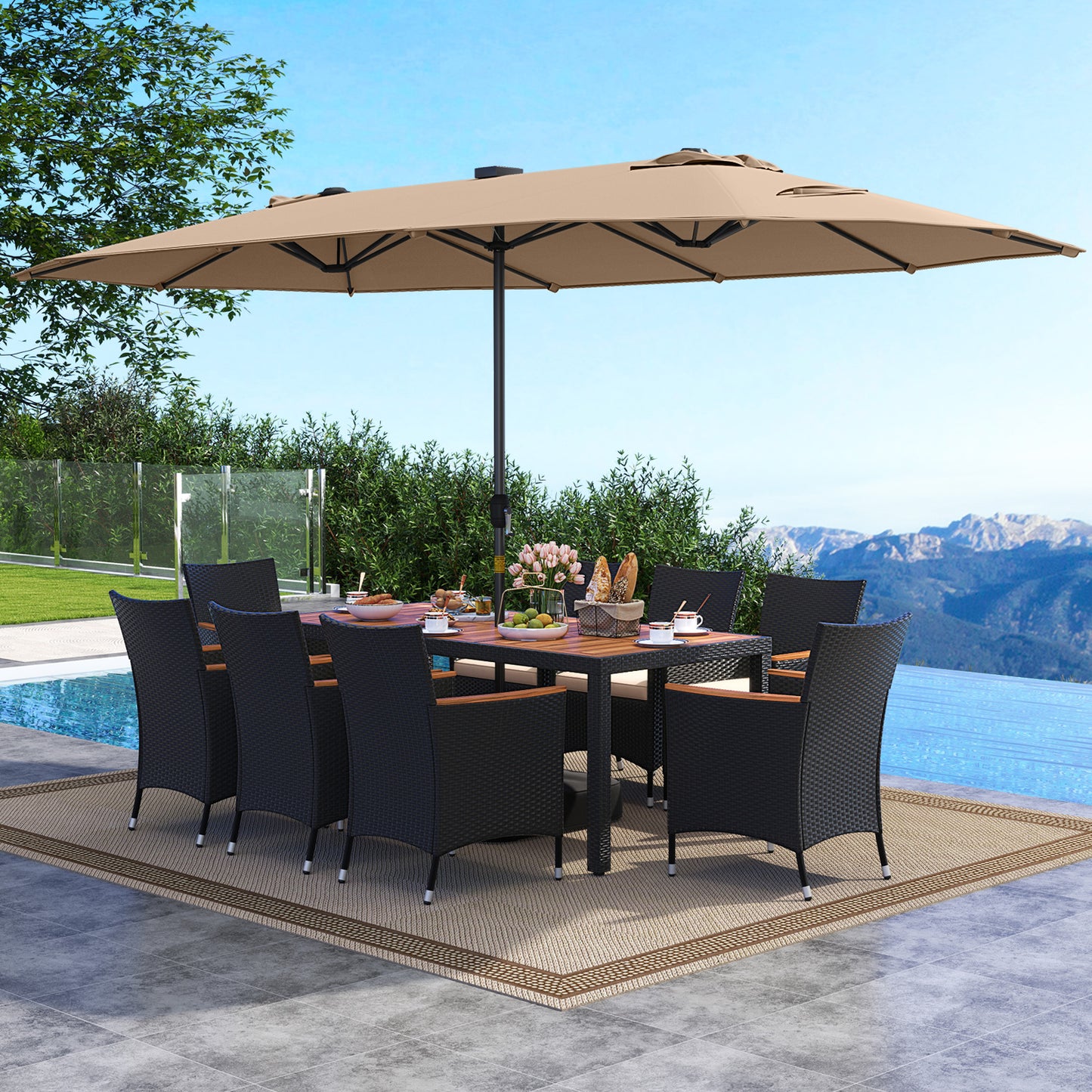 11 Pieces Patio Dining Set with LED Patio Umbrella with Base and Seat Cushions (Beige)-Coffee