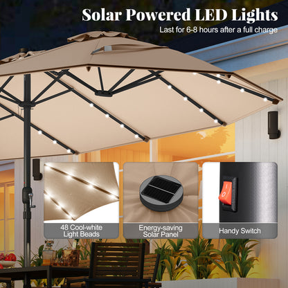 11 Pieces Patio Dining Set with LED Patio Umbrella with Base and Seat Cushions (Beige)-Coffee