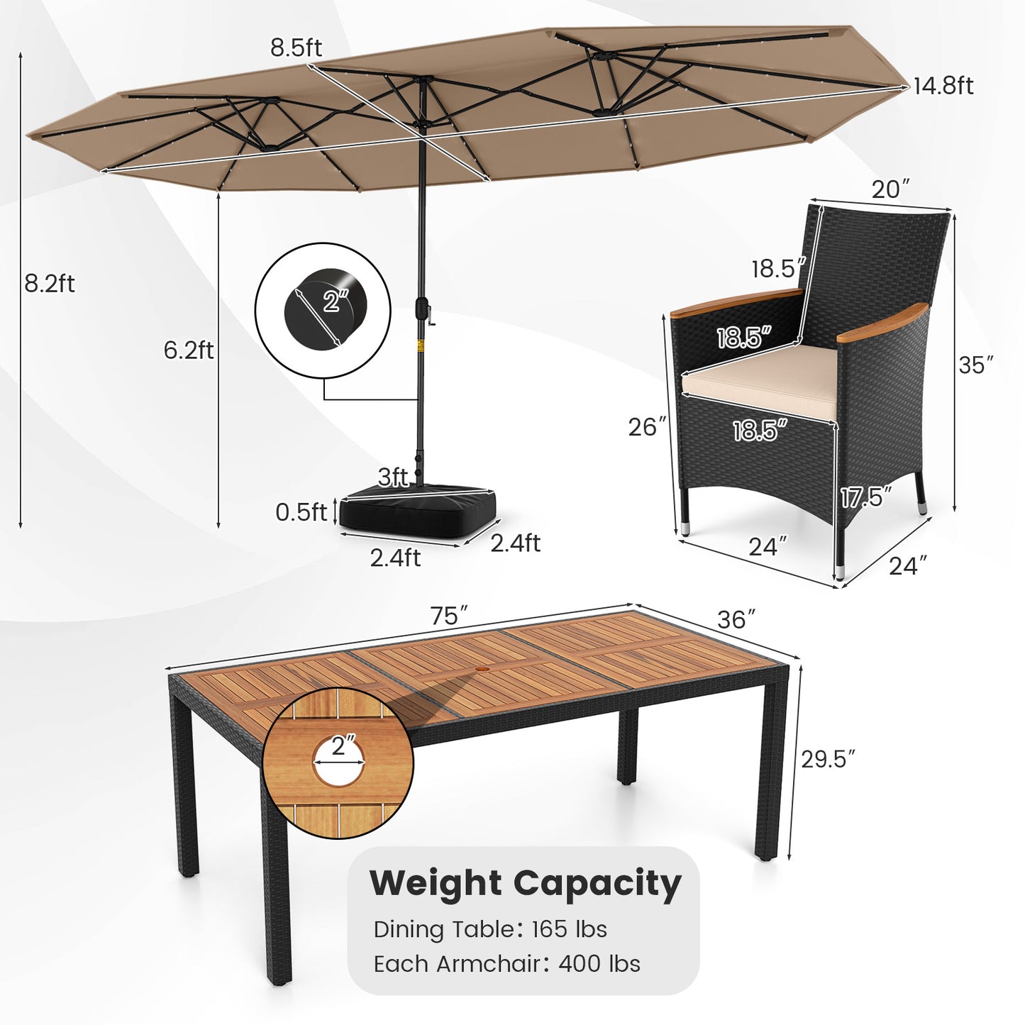 11 Pieces Patio Dining Set with LED Patio Umbrella with Base and Seat Cushions (Beige)-Coffee