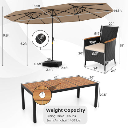 11 Pieces Patio Dining Set with LED Patio Umbrella with Base and Seat Cushions (Beige)-Coffee
