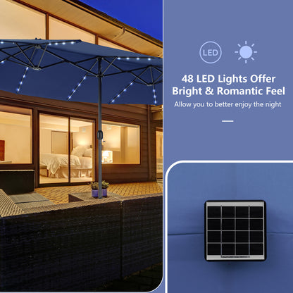 11 Pieces Patio Dining Set with LED Patio Umbrella with Base and Seat Cushions (Beige)-Navy