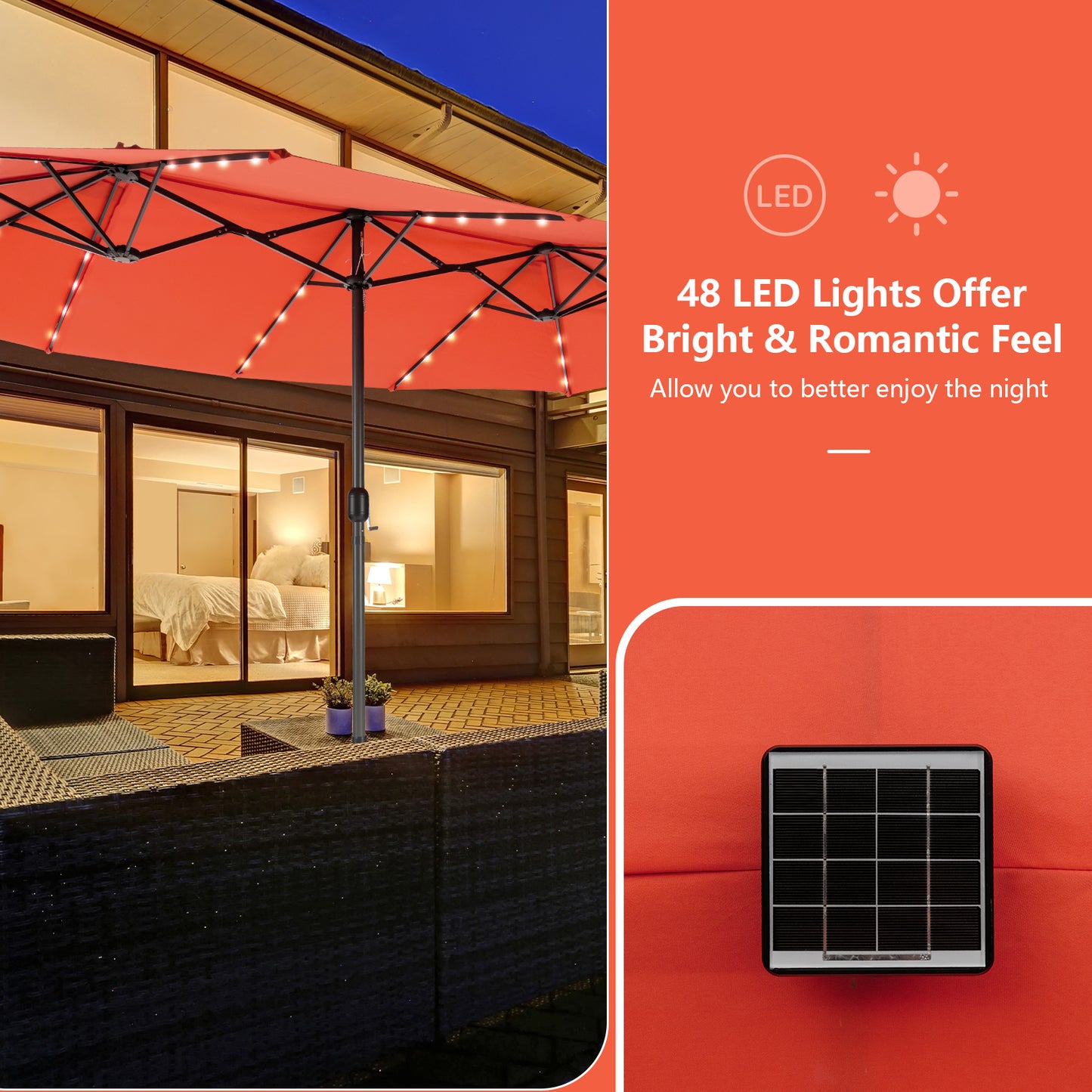 11 Pieces Patio Dining Set with LED Patio Umbrella with Base and Seat Cushions (Beige)-Orange
