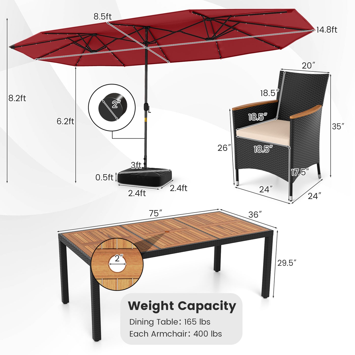 11 Pieces Patio Dining Set with LED Patio Umbrella with Base and Seat Cushions (Beige)-Wine