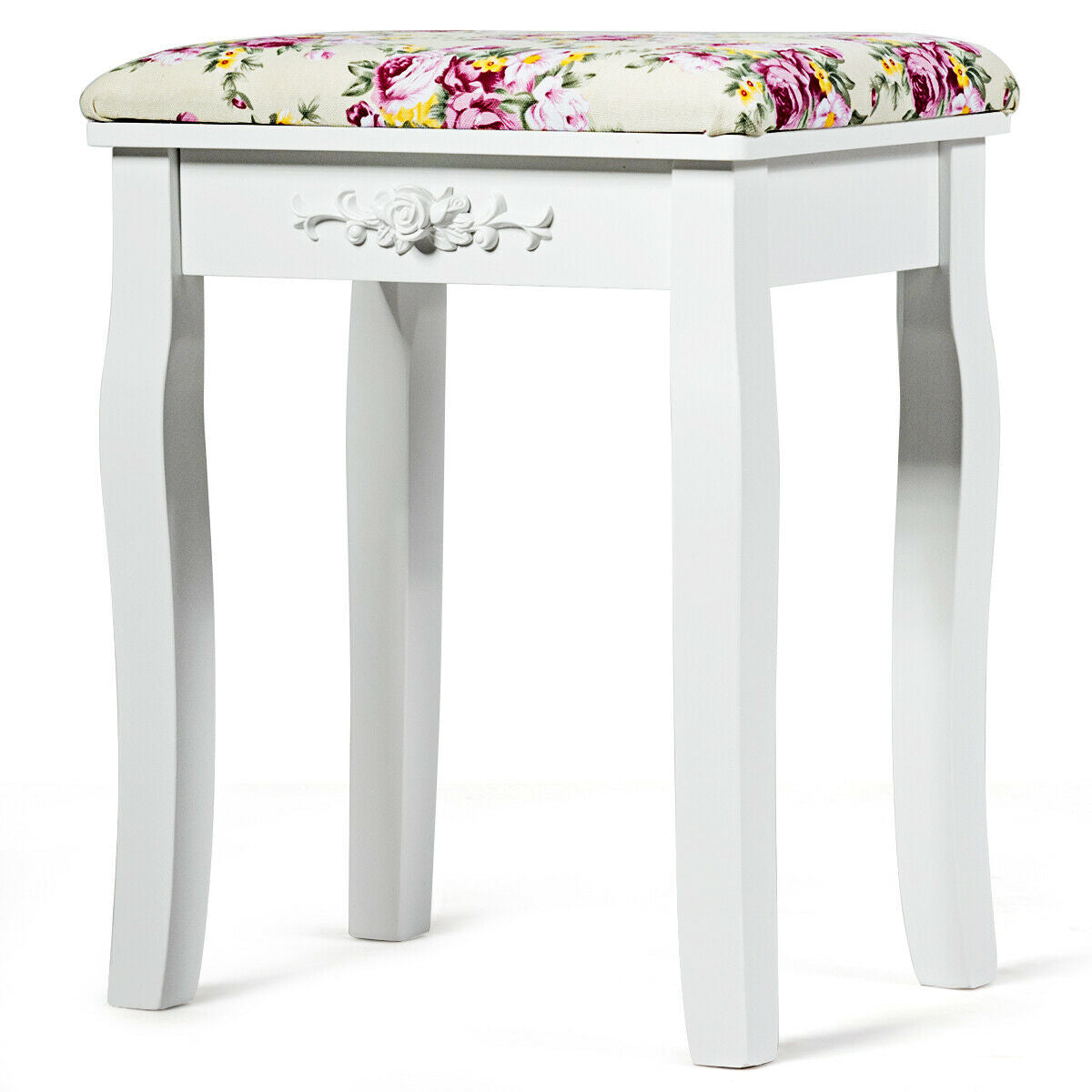 Vanity Wood Dressing Stool Padded Piano Seat with Rose Cushion-White