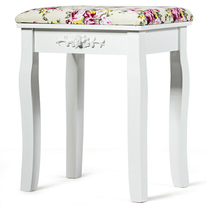 Vanity Wood Dressing Stool Padded Piano Seat with Rose Cushion-White