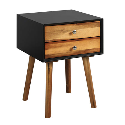 Wooden Nightstand Mid-Century End Side Table with 2 Storage Drawers-Natural - Black