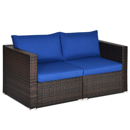 2PCS Patio Rattan Sectional Conversation Sofa Set-Navy - Navy
