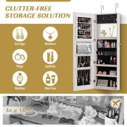Lockable Storage Jewelry Cabinet with Frameless Mirror-White