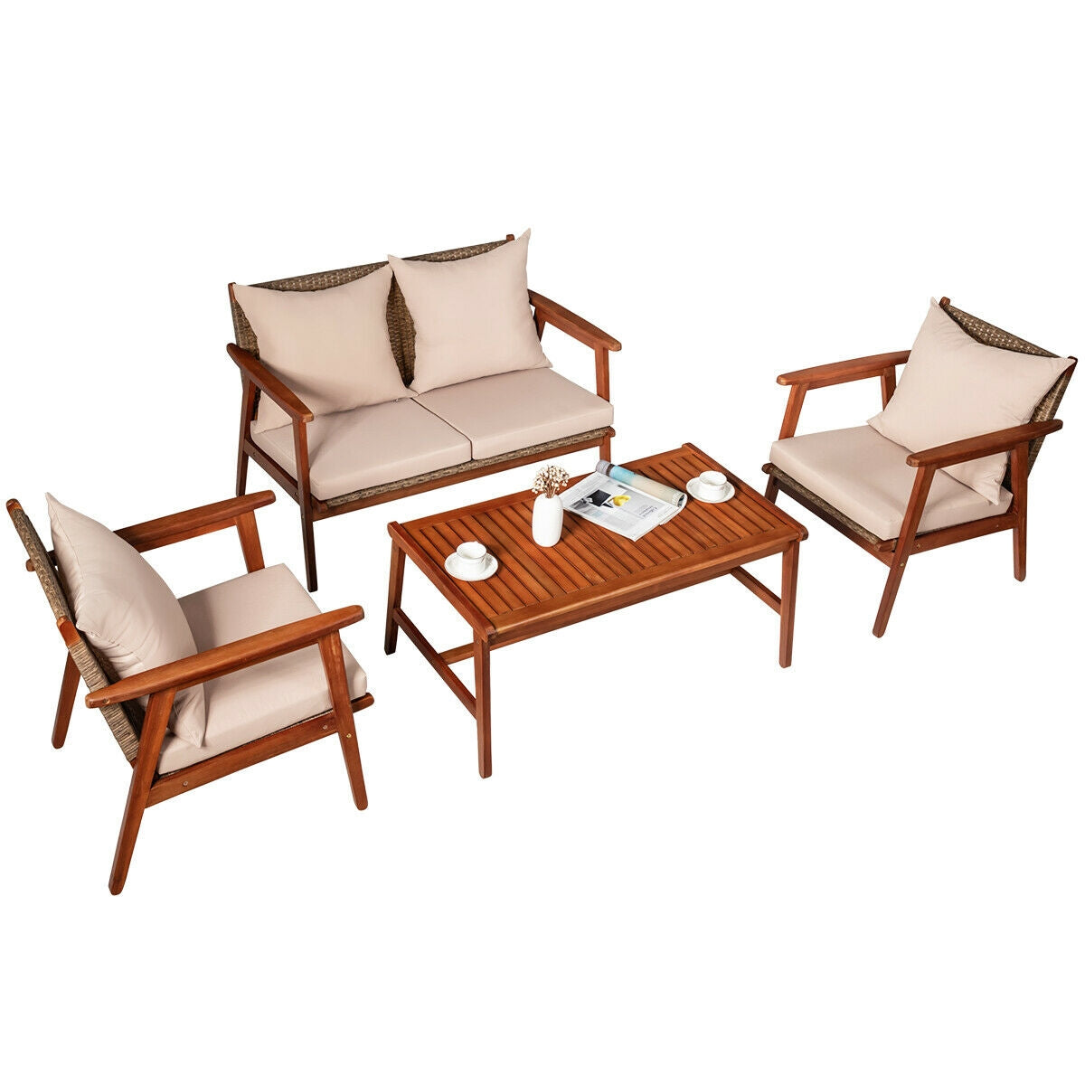 4 Piece Acacia Wood Patio Rattan Furniture Set-Navy - Brown