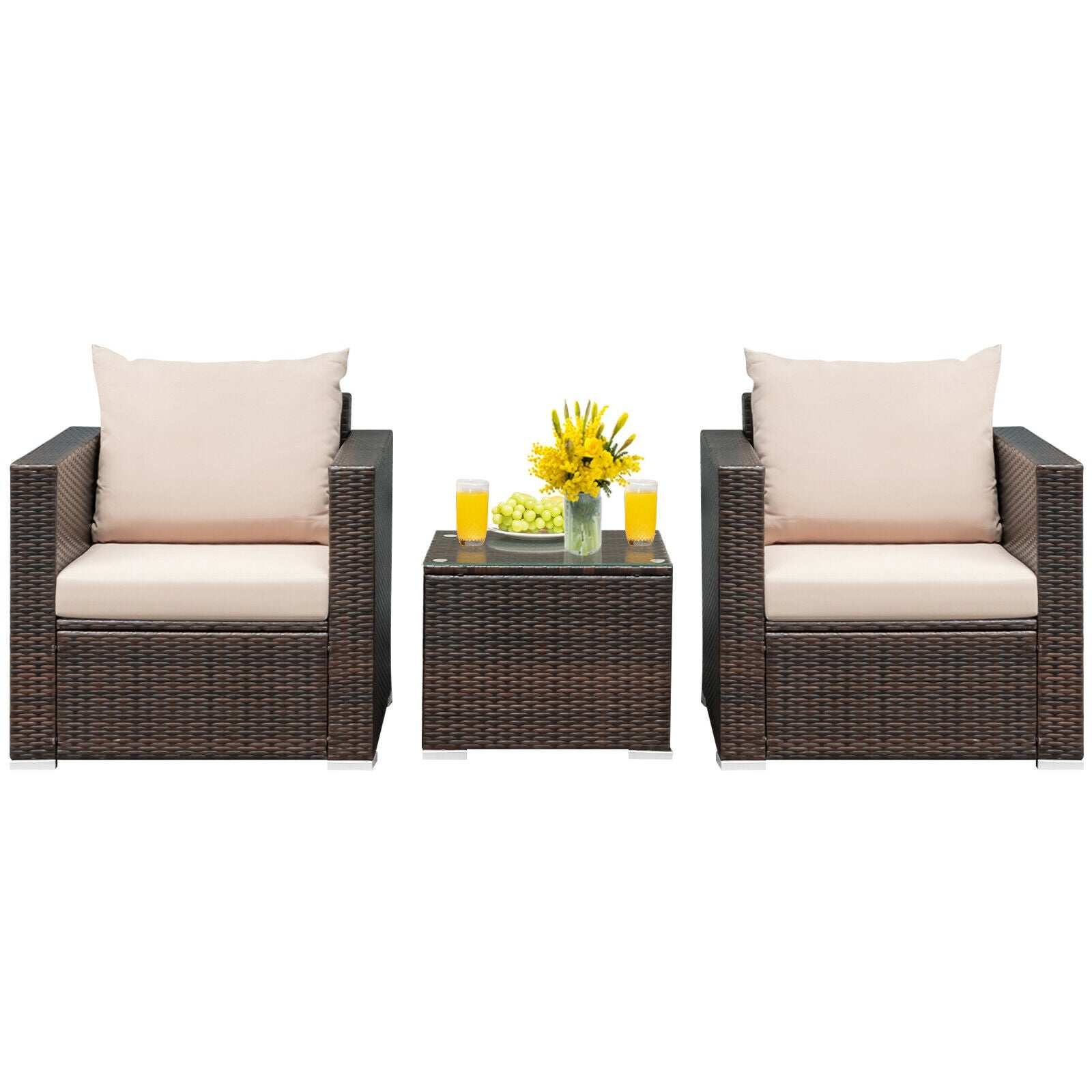 3 Pcs Patio Conversation Rattan Furniture Set with Cushion-Blue - Beige