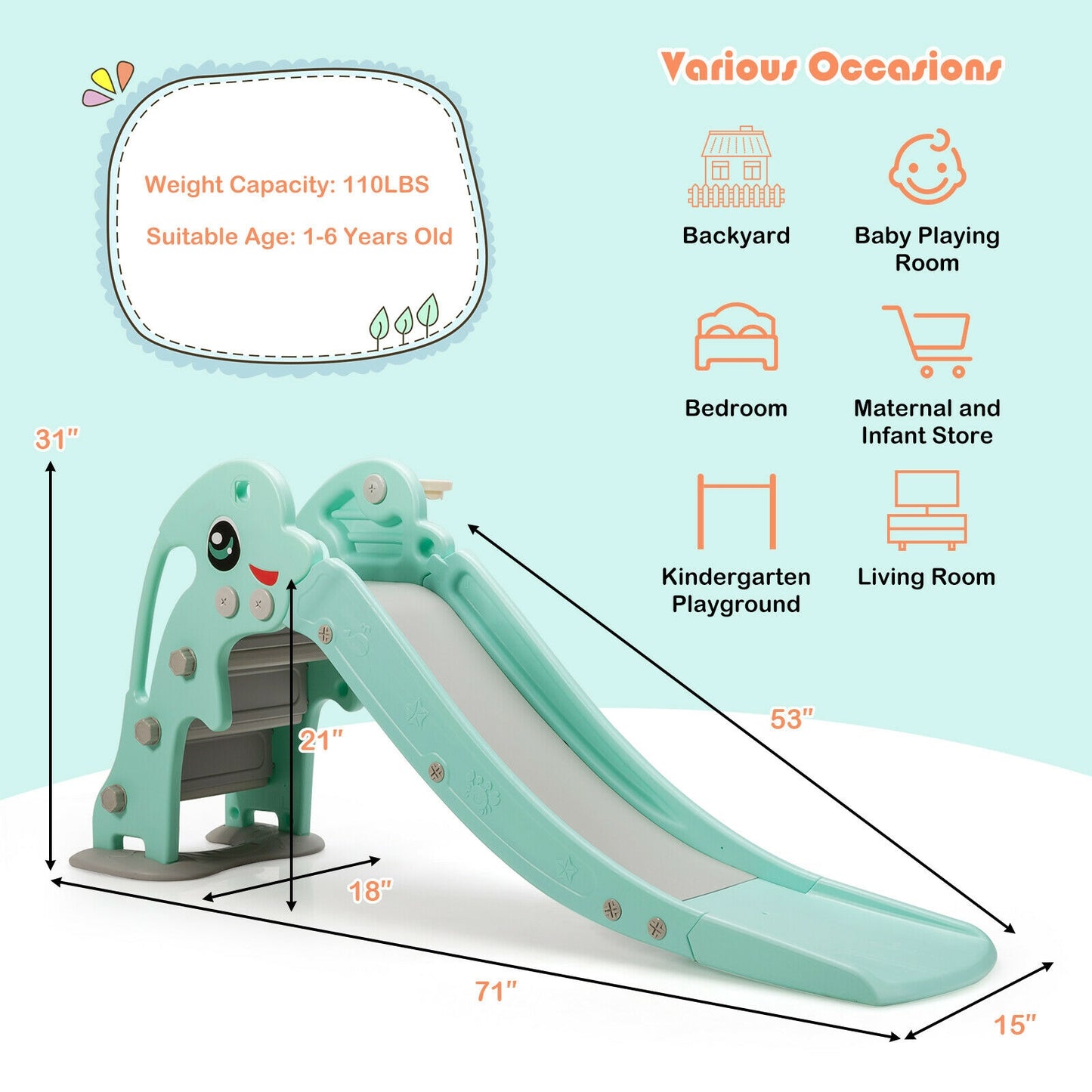 3-in-1 Kids Climber Slide Play Set with Basketball Hoop and Ball-Green