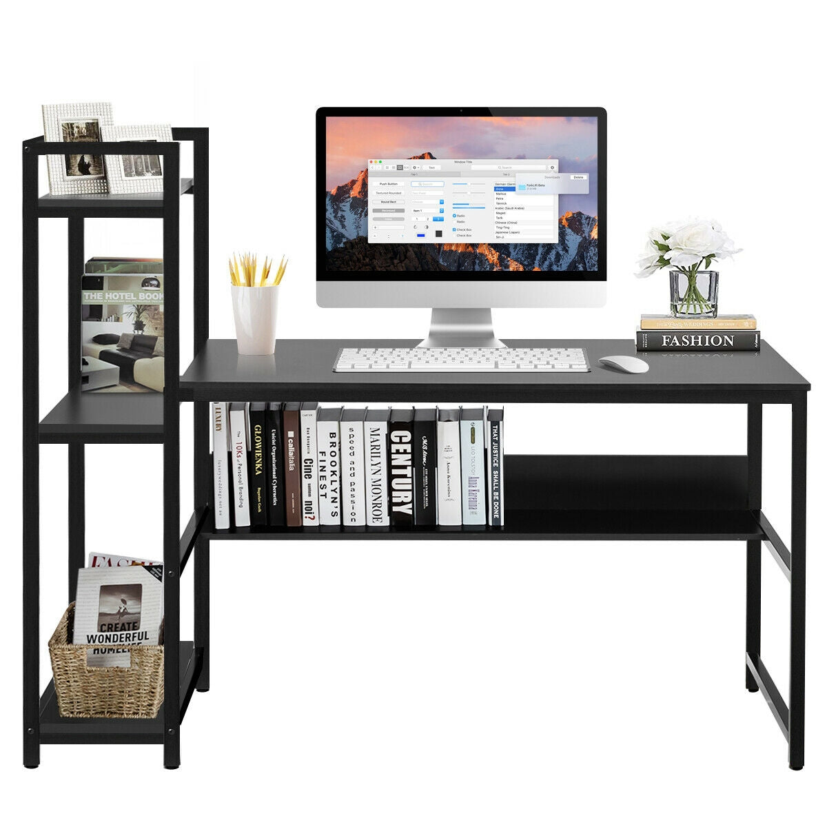 59-Inch Computer Desk Home Office Workstation 4-Tier Storage Shelves-Black