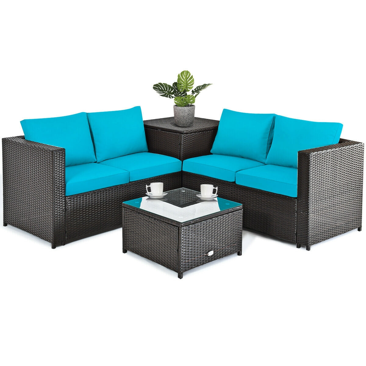 4 Pieces Outdoor Patio Rattan Furniture Set with Cushioned Loveseat and Storage Box-Brown - Turquoise