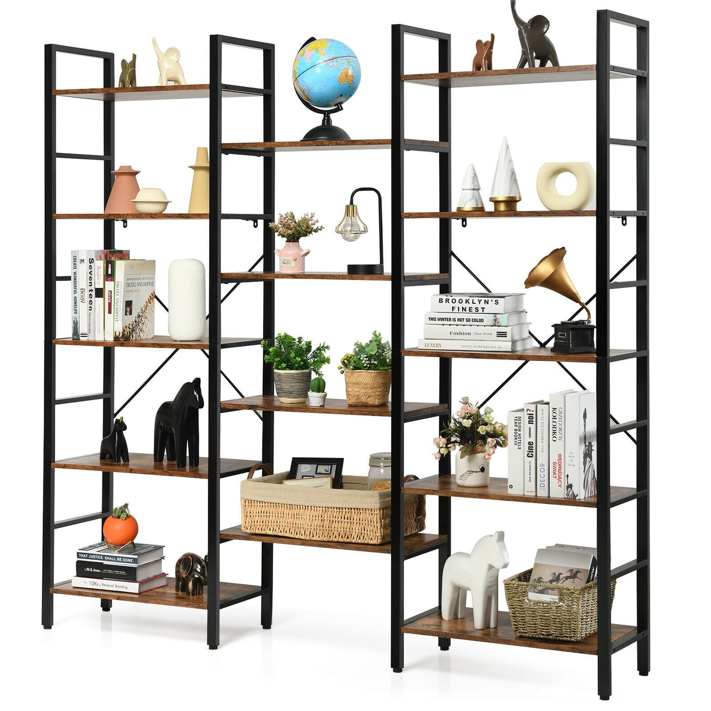 Vintage Triple Wide 5-Tier Bookcase Large Bookshelf Display Storage Shelf-Brown