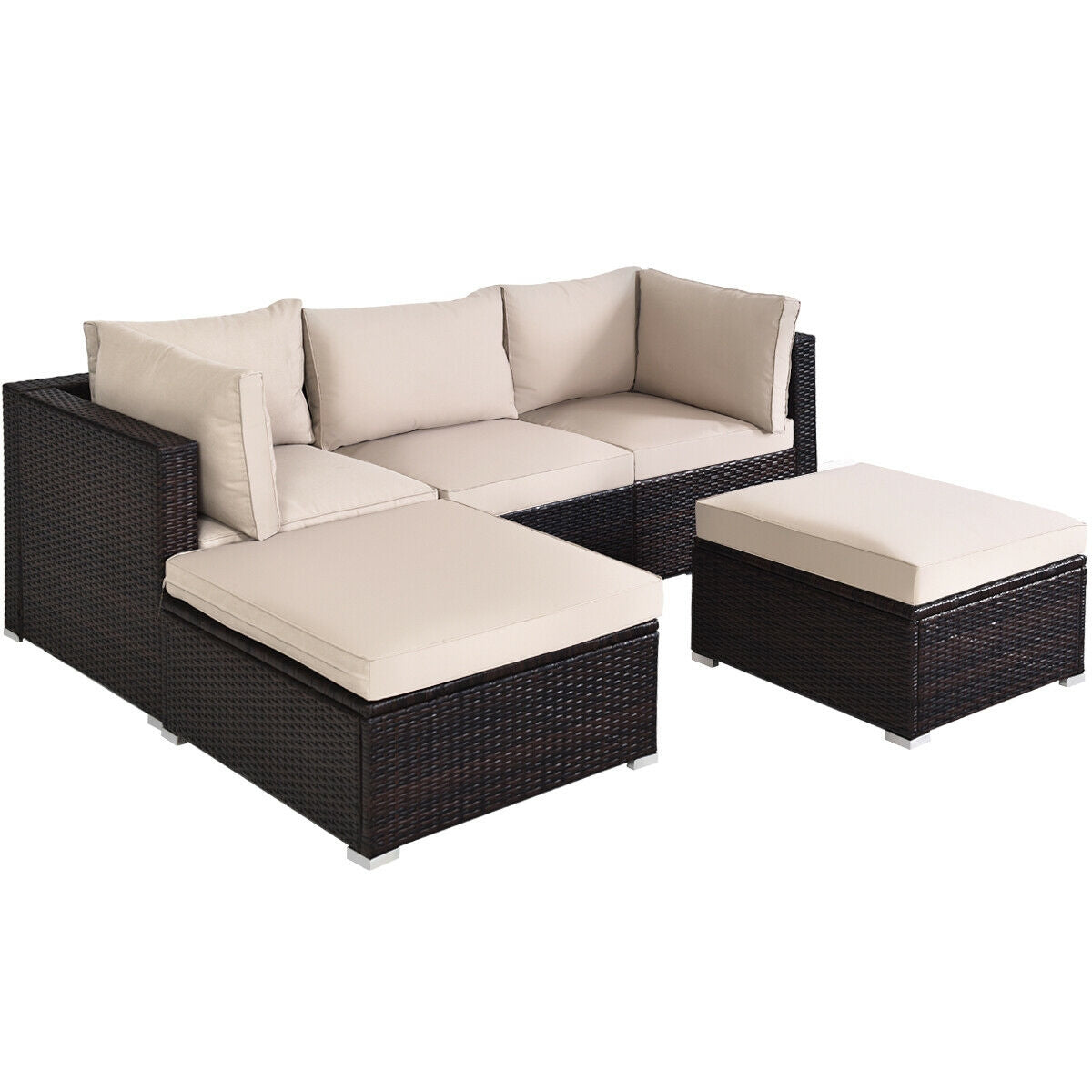 5 Pieces Patio Rattan Sofa Set with Cushion and Ottoman-Beige - Beige