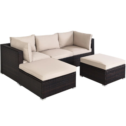 5 Pieces Patio Rattan Sofa Set with Cushion and Ottoman-Beige - Beige