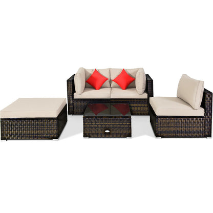 5 Pieces Outdoor Patio Rattan Furniture Set With Cushions-Beige - Beige