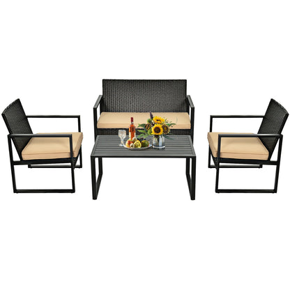 4 Pieces Patio Rattan Furniture Set with Seat Cushions and Coffee Table