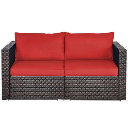 2PCS Patio Rattan Sectional Conversation Sofa Set-Navy - Red