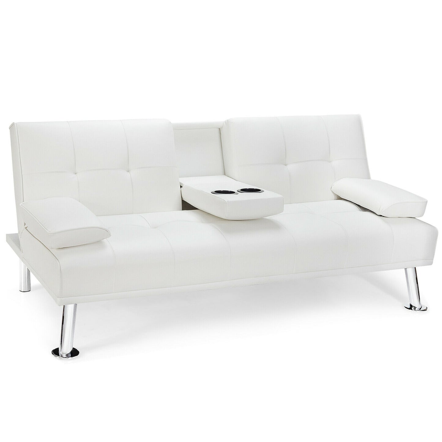 Convertible Folding Leather Futon Sofa with Cup Holders and Armrests-White