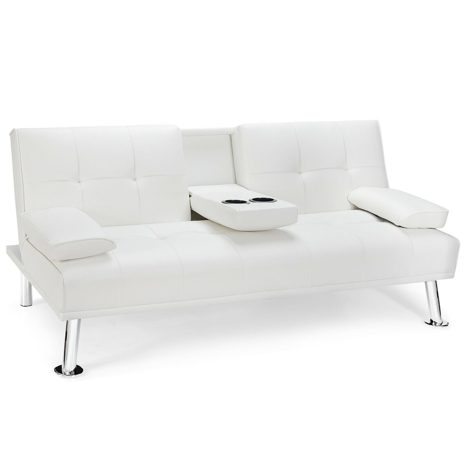 Convertible Folding Leather Futon Sofa with Cup Holders and Armrests-White