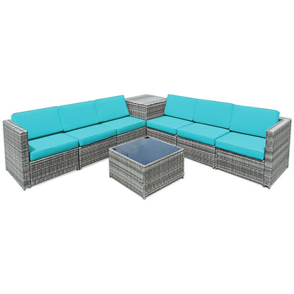 8 Pieces Wicker Sofa Rattan Dining Set Patio Furniture with Storage Table-Gray - Turquoise